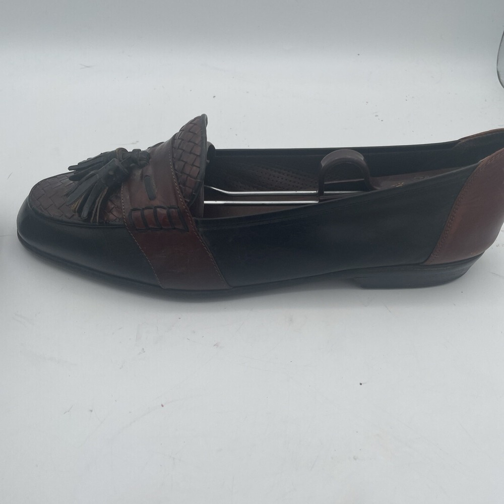 Bragano Mens Shoes Size 10M Black Brown Leather Full‎ Strap Woven Tassel Loafers - Picture 3 of 16